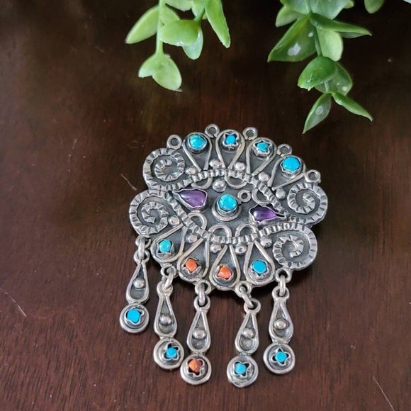 Vintage Sterling Silver Turquoise Amethyst Coral Taxco Mexico Pendant Brooch
